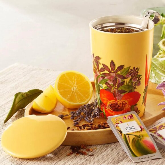 TEA FORTÉ PARADIS DOUBLE-WALLED CERAMIC KATI TEA CUP W/ STAINLESS INFUSER & LID - Picture 1 of 7